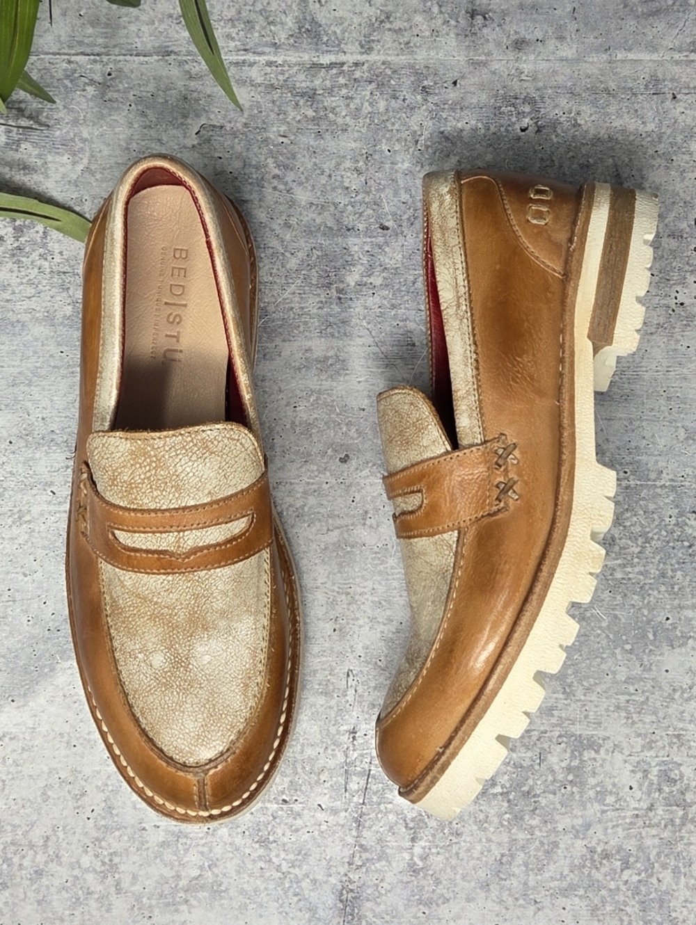 Bed Stu Reina III Chunky Lug Sole Loafers Brown Tan Colorblock Size 8